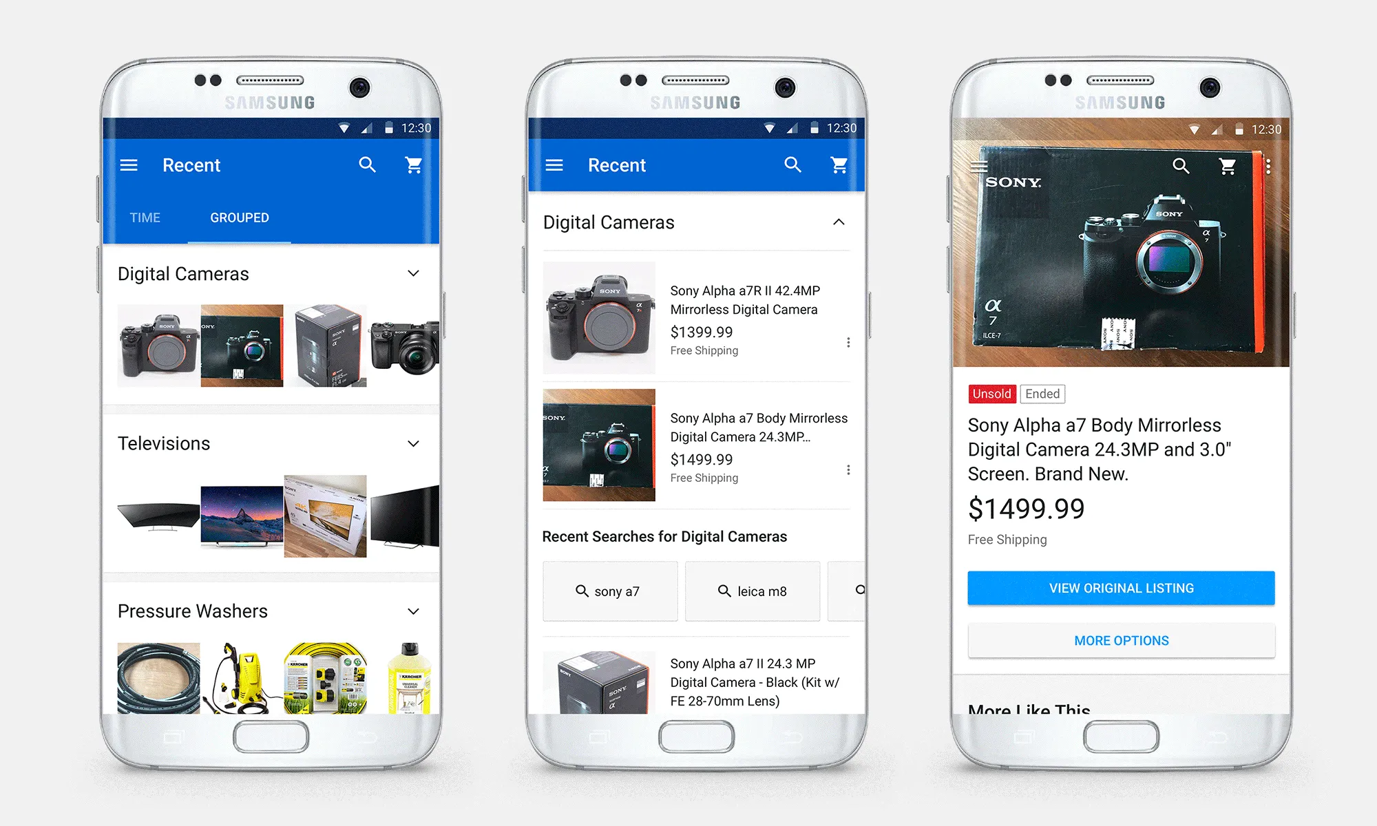 eBay Android search results with Material Design navigation
